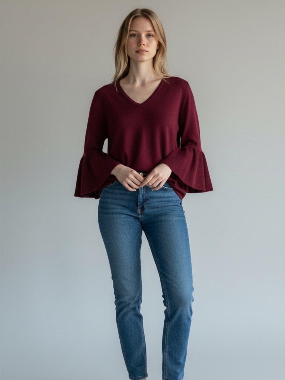 Liz Claiborne Wine V-Neck Knit Top with Tiered Bell Sleeves